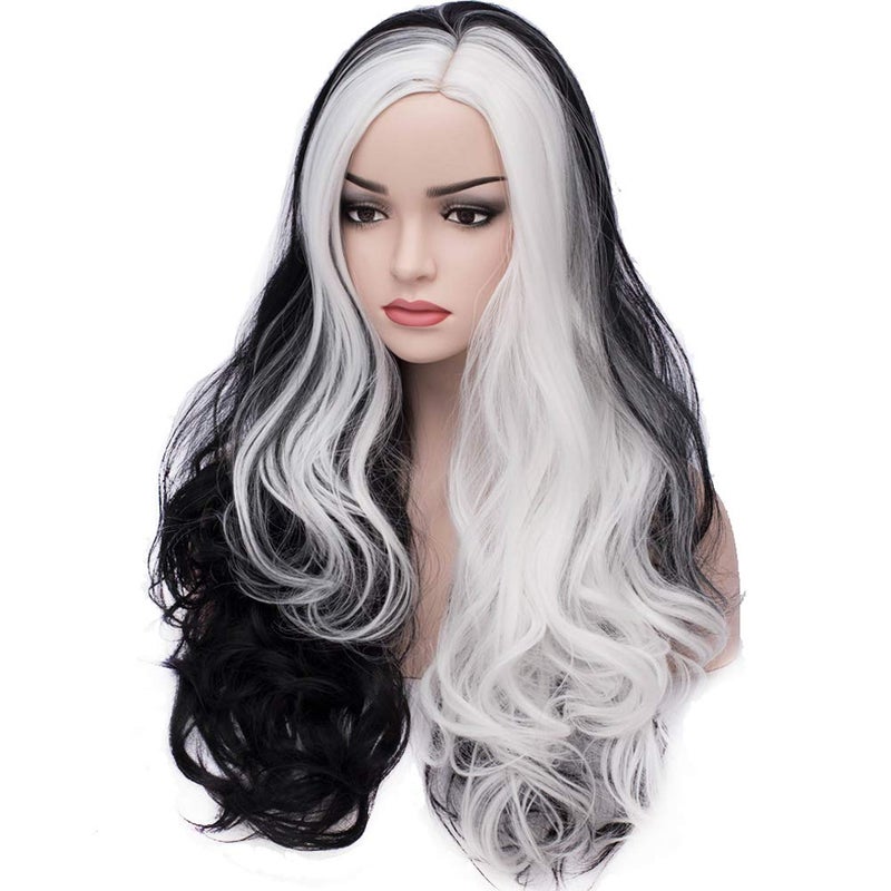 BERON Black White Wig Long Wavy Black White Split Wigs for Women Girls Cosplay Party Hairnet Include - Image 3